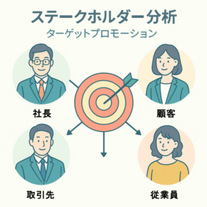 社長、顧客、取引先、従業員の4ステークホルダーが中心ターゲットに向けて影響を与える関係性を示した図