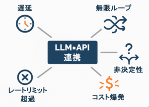 LLMとAPI連携で起きやすい5つの失敗パターン(遅延・無限ループ・非決定性・コスト爆発・レートリミット超過)を放射状に示した図