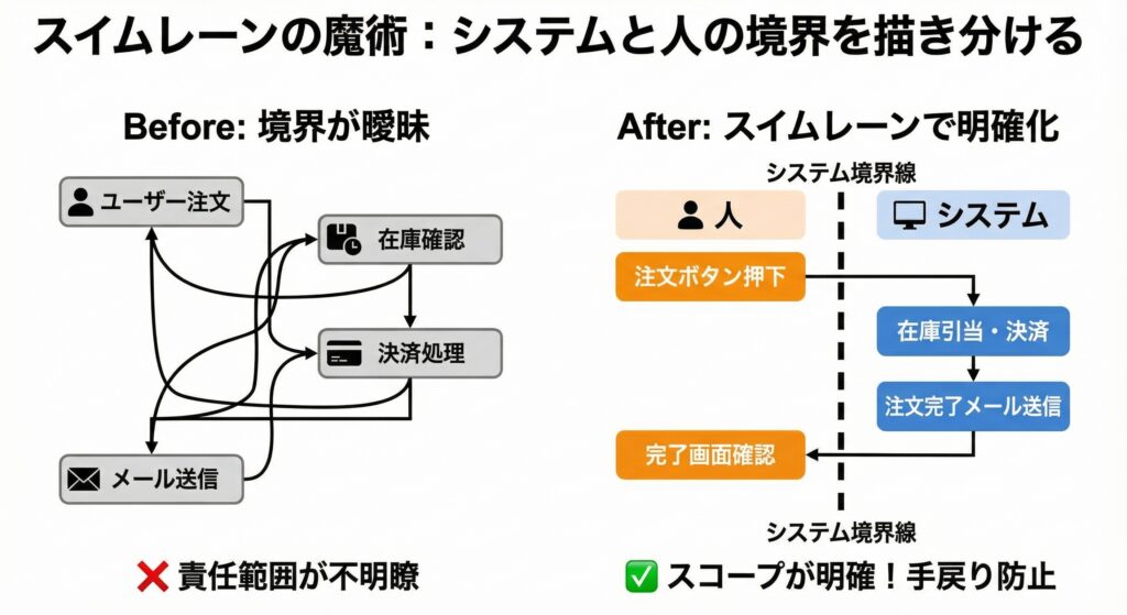 スイムレーン活用による業務フロー図の改善例。システムと人の境界線を明確にし、要件定義の手戻りを防ぐ比較インフォグラフィック