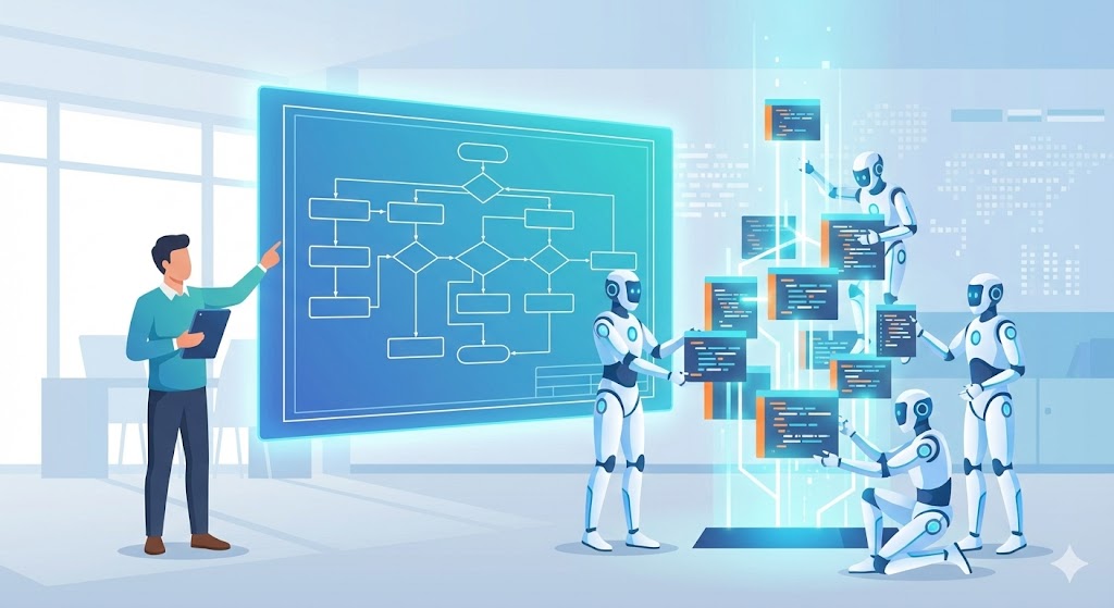 エンジニアが設計図を示し、複数のAIロボットがそれに従ってコードを構築している協力関係のイラスト