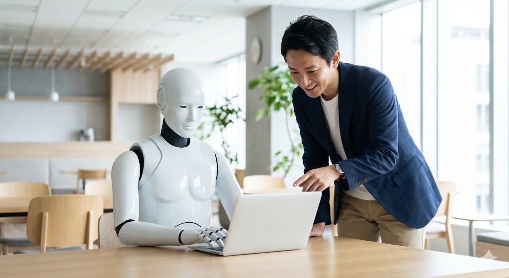 オフィスでパソコンに向かって作業をするAIロボットと、それを指揮する人間のビジネスパーソンのイメージ